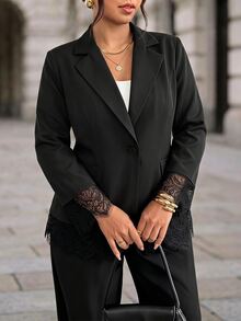 Chikora Plus Size Elegant Commuter Lace Patchwork Blazer - Black - View 1