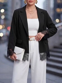 Chikora Plus Size Elegant Commuter Lace Patchwork Blazer - Black - View 7