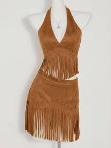 SHEIN ICON Y2k Concert Women Vintage Style Cowgirl Boho Country Vacation Hippie Western Wear Festival Tasseled Hem Backless Halter Top,Summer - Brown - View 10