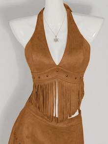 SHEIN ICON Y2k Concert Women Vintage Style Cowgirl Boho Country Vacation Hippie Western Wear Festival Tasseled Hem Backless Halter Top,Summer - Brown - View 3