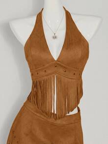 SHEIN ICON Y2k Concert Women Vintage Style Cowgirl Boho Country Vacation Hippie Western Wear Festival Tasseled Hem Backless Halter Top,Summer - Brown - View 5