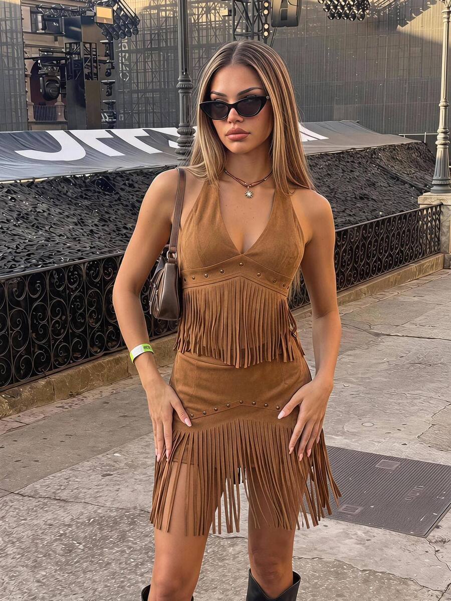 SHEIN ICON Y2k Concert Women Vintage Style Cowgirl Boho Country Vacation Hippie Western Wear Festival Tasseled Hem Backless Halter Top,Summer - Brown - View 1