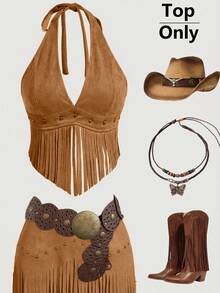 SHEIN ICON Y2k Concert Women Vintage Style Cowgirl Boho Country Vacation Hippie Western Wear Festival Tasseled Hem Backless Halter Top,Summer - Brown - View 12