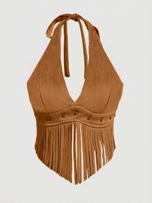 SHEIN ICON Y2k Concert Women Vintage Style Cowgirl Boho Country Vacation Hippie Western Wear Festival Tasseled Hem Backless Halter Top,Summer - Brown - View 2