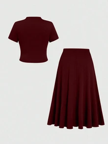 SHEIN Clasi 2pcs/Set Women's Commute Ruched Knit Burgundy Short Sleeve Top And Loose Long Skirt Set, Plus Size, Spring/Summer - Burgundy - View 2