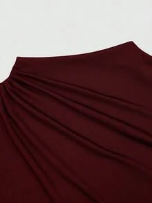 SHEIN Clasi 2pcs/Set Women's Commute Ruched Knit Burgundy Short Sleeve Top And Loose Long Skirt Set, Plus Size, Spring/Summer - Burgundy - View 8