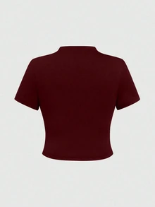 SHEIN Clasi 2pcs/Set Women's Commute Ruched Knit Burgundy Short Sleeve Top And Loose Long Skirt Set, Plus Size, Spring/Summer - Burgundy - View 6