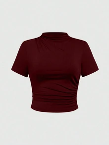 SHEIN Clasi 2pcs/Set Women's Commute Ruched Knit Burgundy Short Sleeve Top And Loose Long Skirt Set, Plus Size, Spring/Summer - Burgundy - View 4