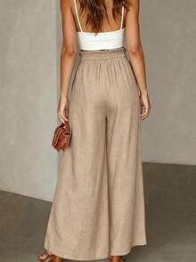 SHEIN Franclia Blue Textured Drawstring Waist Pocketed Casual Wide-Leg Pants Summer Outfits For Women - Khaki - View 2