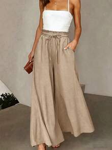SHEIN Franclia Blue Textured Drawstring Waist Pocketed Casual Wide-Leg Pants Summer Outfits For Women - Khaki - View 3