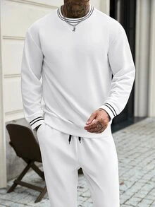 Manfinity CasualCool Men's Striped Crew Neck Long Sleeve Sweatshirt And Sweatpants Casual Set - White - View 5
