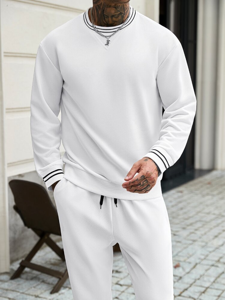 Manfinity CasualCool 男士條紋圓領長袖運動衫與運動長褲休閒套裝 - 白色 - 查看 5