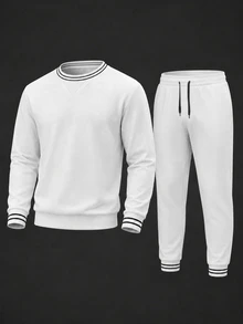 Manfinity CasualCool Men's Striped Crew Neck Long Sleeve Sweatshirt And Sweatpants Casual Set - White - View 3
