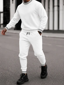Manfinity CasualCool Men's Striped Crew Neck Long Sleeve Sweatshirt And Sweatpants Casual Set - White - View 1