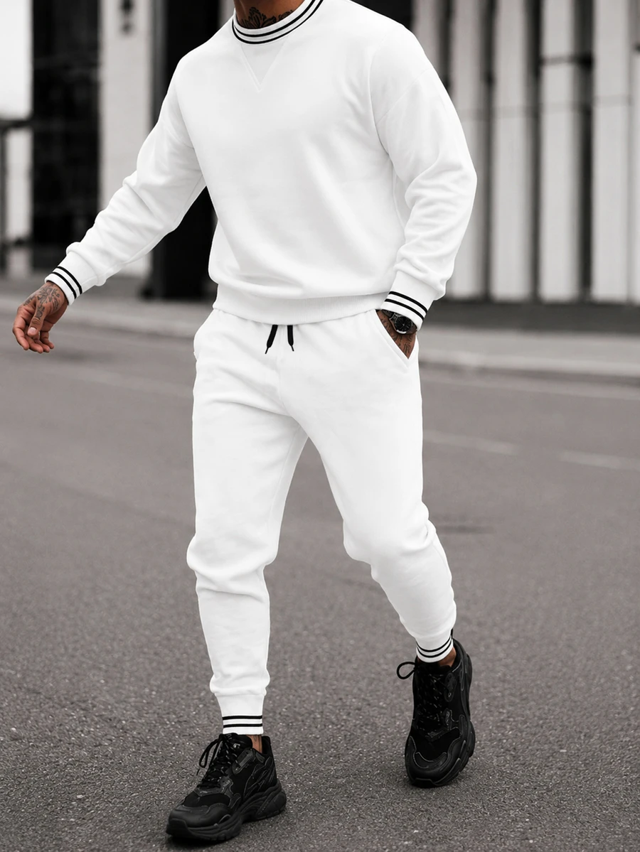 Manfinity CasualCool Men's Striped Crew Neck Long Sleeve Sweatshirt And Sweatpants Casual Set - White - View 1