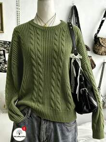 Trelyra Regular Crew Neck Long Sleeve Loose Fit Sweater - Green - View 4