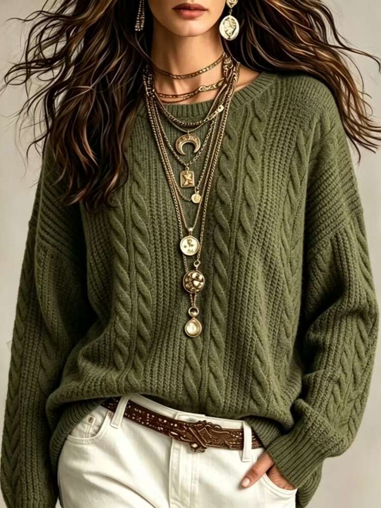 Trelyra Regular Crew Neck Long Sleeve Loose Fit Sweater - Green - View 1