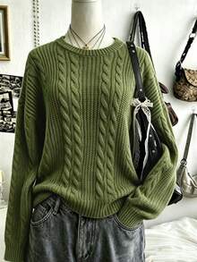 Trelyra Regular Crew Neck Long Sleeve Loose Fit Sweater - Green - View 3