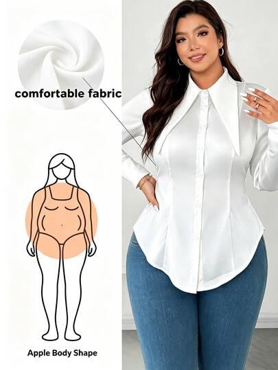 Elenzga Plus Size Women's Elegant Collared Waist Cinched Long Sleeve Shirt, Fashionable Outerwear For Autumn/Winter, White Tops For Women,Elengant Fall