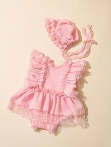 SHEIN 2件組新生兒攝影連身衣附配套帽子，女嬰荷葉邊蕾絲連身褲，淡粉色，適合秋季拍照、假期，可愛熱帶風 - 粉色 - 查看 3