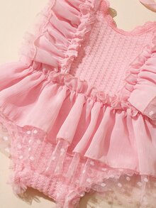 SHEIN 2件組新生兒攝影連身衣附配套帽子，女嬰荷葉邊蕾絲連身褲，淡粉色，適合秋季拍照、假期，可愛熱帶風 - 粉色 - 查看 8