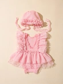 SHEIN 2件組新生兒攝影連身衣附配套帽子，女嬰荷葉邊蕾絲連身褲，淡粉色，適合秋季拍照、假期，可愛熱帶風 - 粉色 - 查看 9