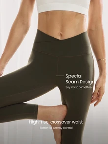 GLOWMODE 24" FeatherFit™ Crossover Yoga Pilates Leggings Buttery Soft High Stretch Crossover Waist Sports Tights Gym Spring Summer - Army Green - View 6