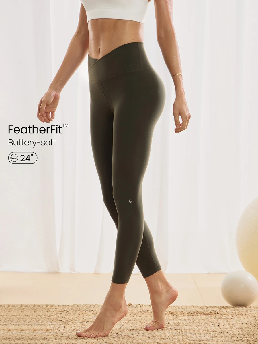 GLOWMODE 24" FeatherFit™ Crossover Yoga Pilates Leggings Buttery Soft High Stretch Crossover Waist Sports Tights Gym Spring Summer