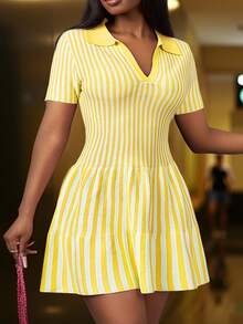 Slaydiva New Summer Elegant Party & Shopping Mini Polo Collar Striped Sweater Dress - Yellow - View 4