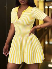 Slaydiva New Summer Elegant Party & Shopping Mini Polo Collar Striped Sweater Dress - Yellow - View 3