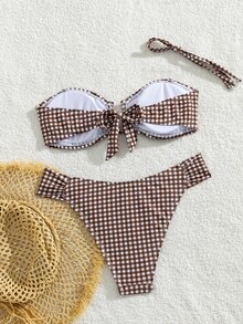 SHEIN Swim 復古老錢風 70 年代田園度假風 棕色白色小格紋印花 無肩帶束胸褶皺上衣 後綁帶 高腰三角比基尼 - 棕色 - 查看 5