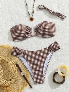 SHEIN Swim 復古老錢風 70 年代田園度假風 棕色白色小格紋印花 無肩帶束胸褶皺上衣 後綁帶 高腰三角比基尼 - 棕色 - 查看 4