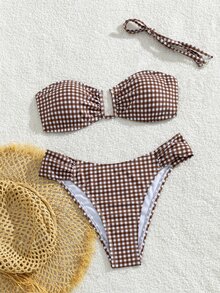 SHEIN Swim 復古老錢風 70 年代田園度假風 棕色白色小格紋印花 無肩帶束胸褶皺上衣 後綁帶 高腰三角比基尼 - 棕色 - 查看 6