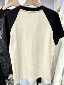 Resyla Regular Short Sleeve Contrast Raglan Sleeve Round Neck Casual Embroidered T-Shirt - Multicolor - View 2