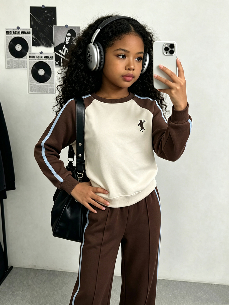 Genkimix Kids Tween Girl Girls' 2pcs Pocket Fleece Lined Long Sleeve Coffee Top For School, Sports Fall Winter, Loose Fit, Comfortable, Comfortable - Coffee Brown - View 7