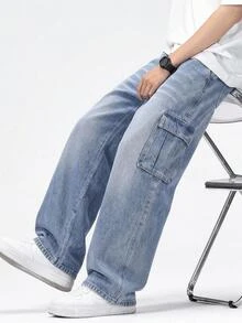 SHEIN 青少年男孩牛仔長褲，四季皆宜，柔軟棉質，休閒時尚，百搭舒適，極簡風，彈性腰頭，可調抽繩，工裝口袋，寬鬆直筒褲腿，中藍色水洗牛仔褲，適合日常穿著與度假 - 中等水洗藍 - 查看 7