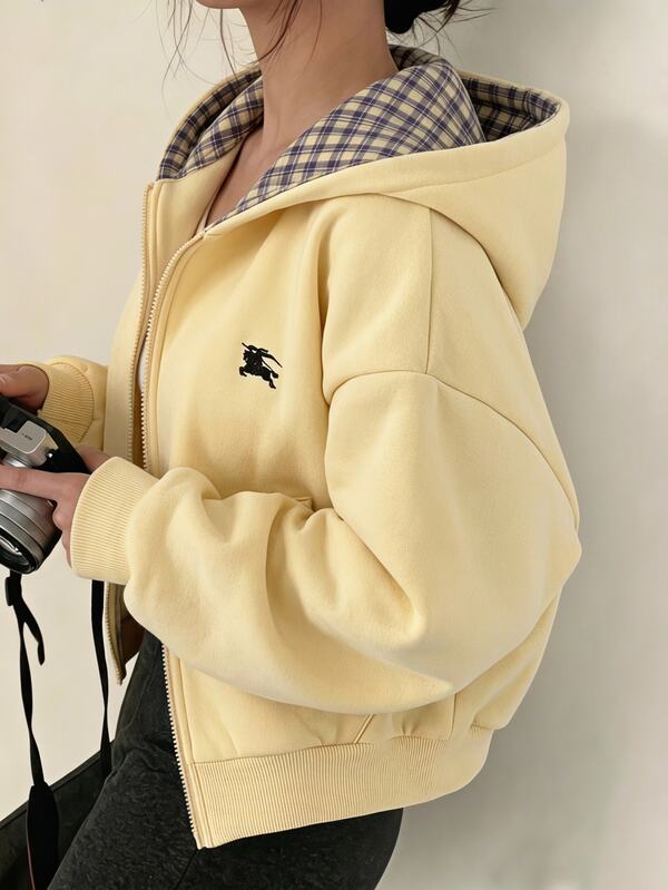 Tween Girls Yellow Colorblock Plaid Hooded Long Sleeve Zip Up Jacket, Autumn/Winter, Back To School, Daily Outdoor Commute Essential, Fall Clothes