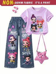 SHEIN Conjunto de 2 Peças Camiseta & Calça para Meninas, Camiseta Roxa de Manga Curta com Gola Redonda e Estampa Fofa de Anime Cartoon, Calça Longa Cinza de Perna Reta, Roupa de Verão para Meninas Jovens, Vibe Vibrante de Verão, Chamativo para Passeios e Escola