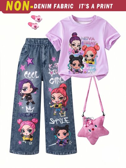 SHEIN Bộ 2 món áo thun và quần cho bé gái, áo thun cổ tròn tay ngắn màu tím in hoạt hình anime dễ thương, quần dài ống suông màu xám, trang phục mùa hè cho trẻ em, phong cách mùa hè rực rỡ, nổi bật cho đi chơi và đến trường