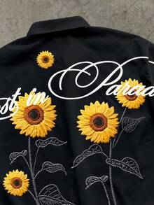 Manfinity ZONE917 Boxy Cropped Streetwear Sunflower Graphic Print Black Short Sleeve Shirt,Black And Yellow,Summer,Street Wear,Vacation,Loose Fit For Spring Outings - Black - View 2