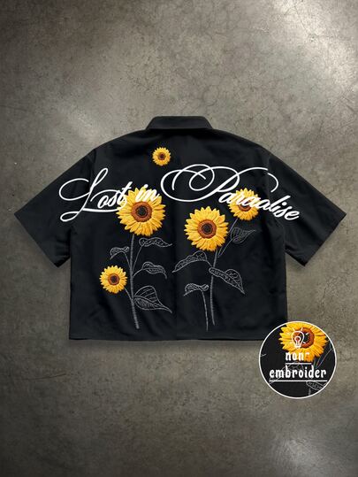 Manfinity ZONE917 Boxy Cropped Streetwear Sunflower Graphic Print Black Short Sleeve Shirt,Black And Yellow,Summer,Street Wear,Vacation,Loose Fit For Spring Outings