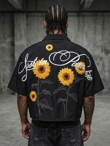 Manfinity ZONE917 Boxy Cropped Streetwear Sunflower Graphic Print Black Short Sleeve Shirt,Black And Yellow,Summer,Street Wear,Vacation,Loose Fit For Spring Outings - Black - View 6