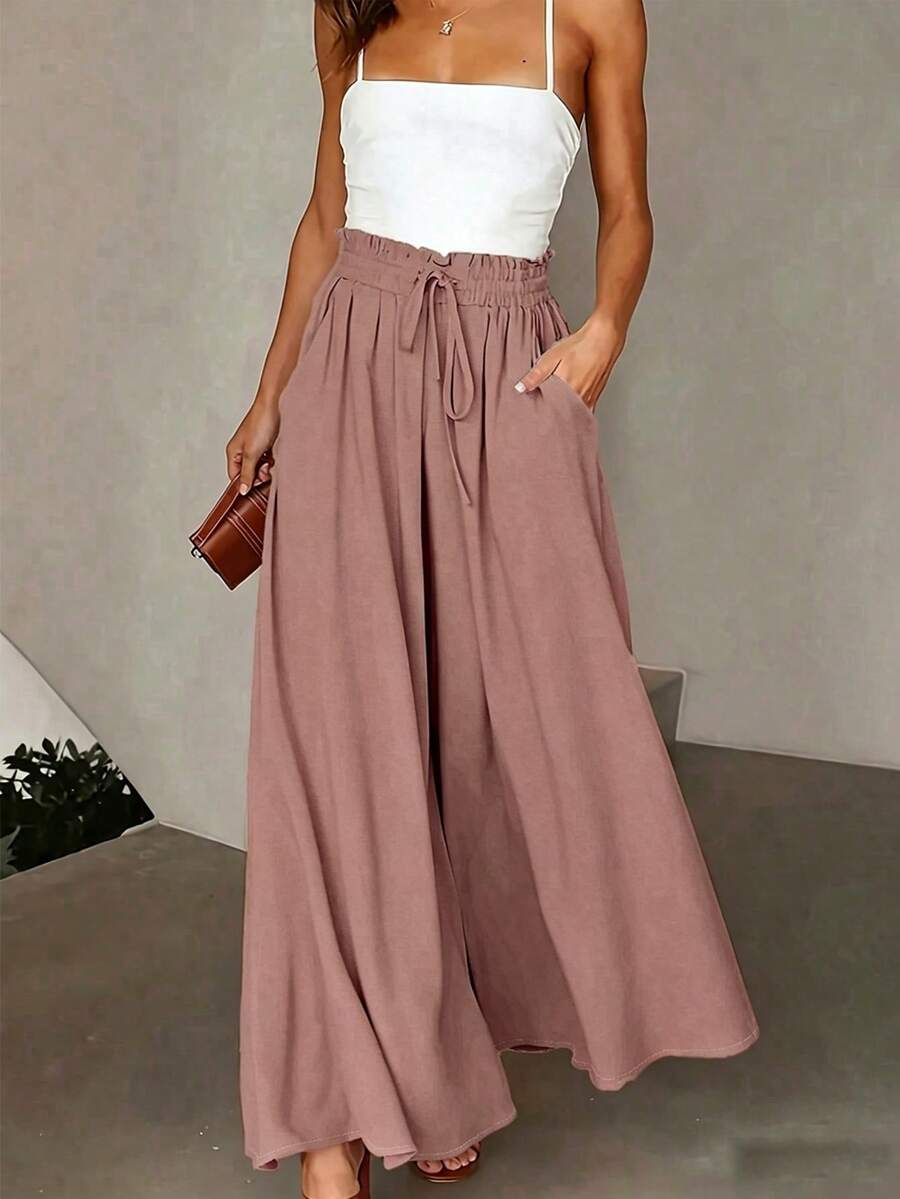 SHEIN Women's Casual Commute Solid Color Wide Leg Long Pants - Pink - View 1