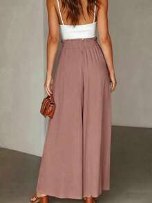 SHEIN Women's Casual Commute Solid Color Wide Leg Long Pants - Pink - View 2