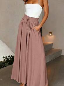 SHEIN Women's Casual Commute Solid Color Wide Leg Long Pants - Pink - View 4