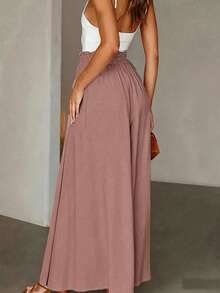 SHEIN Women's Casual Commute Solid Color Wide Leg Long Pants - Pink - View 3