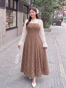 Bijouette Bộ 2 món váy dây mảnh kẻ caro và áo ren bèo nhún cho nữ size lớn - Nhiều màu - Xem 8