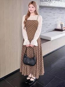 Bijouette Bộ 2 món váy dây mảnh kẻ caro và áo ren bèo nhún cho nữ size lớn - Nhiều màu - Xem 11