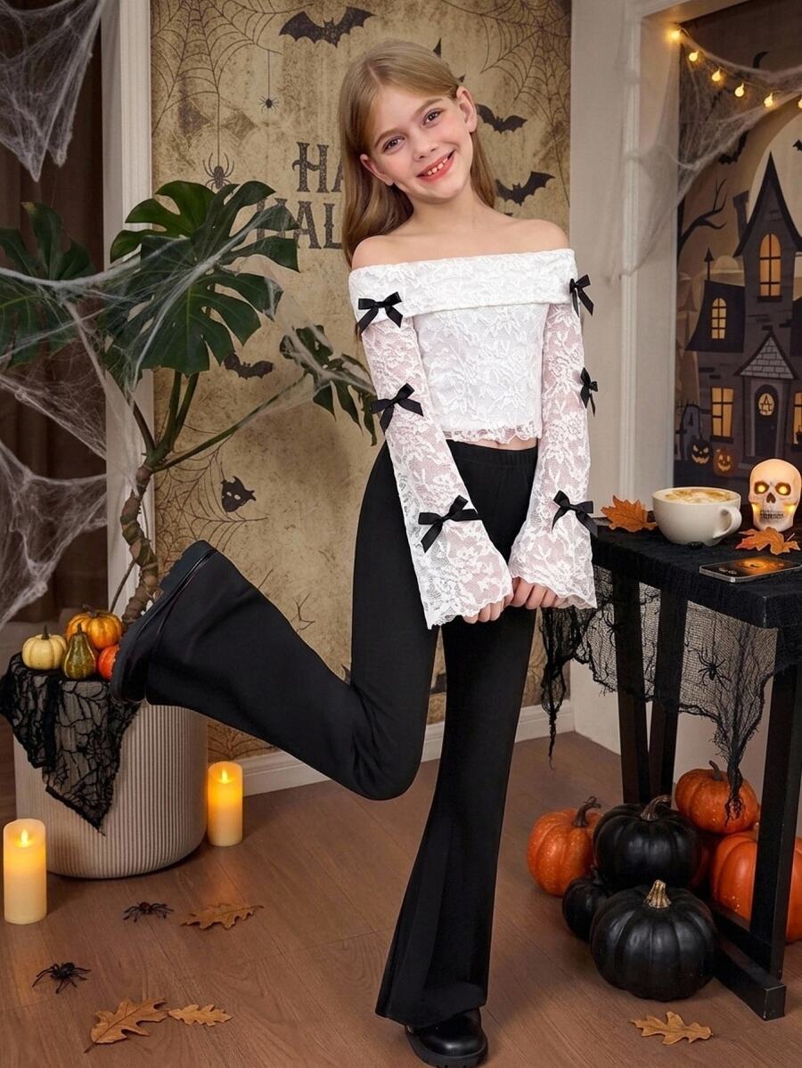 SHEIN Kids Tween Girl Casual Elegant Off-Shoulder Lace T-Shirt Top With Solid Color Flare Pants Set Fall/Winter Outfits - Black and White - View 1