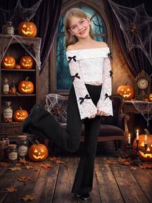 SHEIN Kids Tween Girl Casual Elegant Off-Shoulder Lace T-Shirt Top With Solid Color Flare Pants Set Fall/Winter Outfits - Black and White - View 2